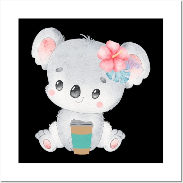 Cute Koala Drinking Coffee Koala Drinks Coffee First Sleepy cat I need coffee addict Wall Art by BoogieCreates